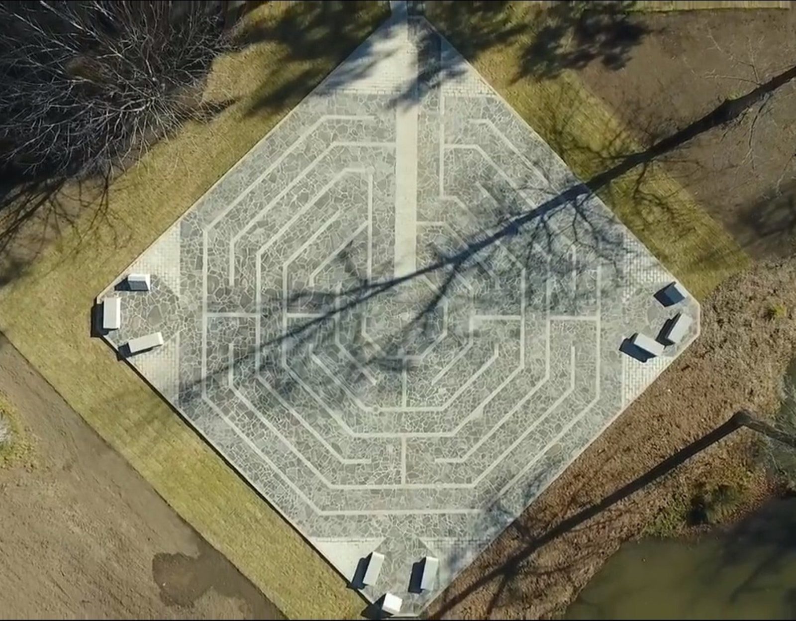 Aerial shot of Tumut Labyrinth, in Pioneer Park, Tumut, Snowy Valleys, NSW