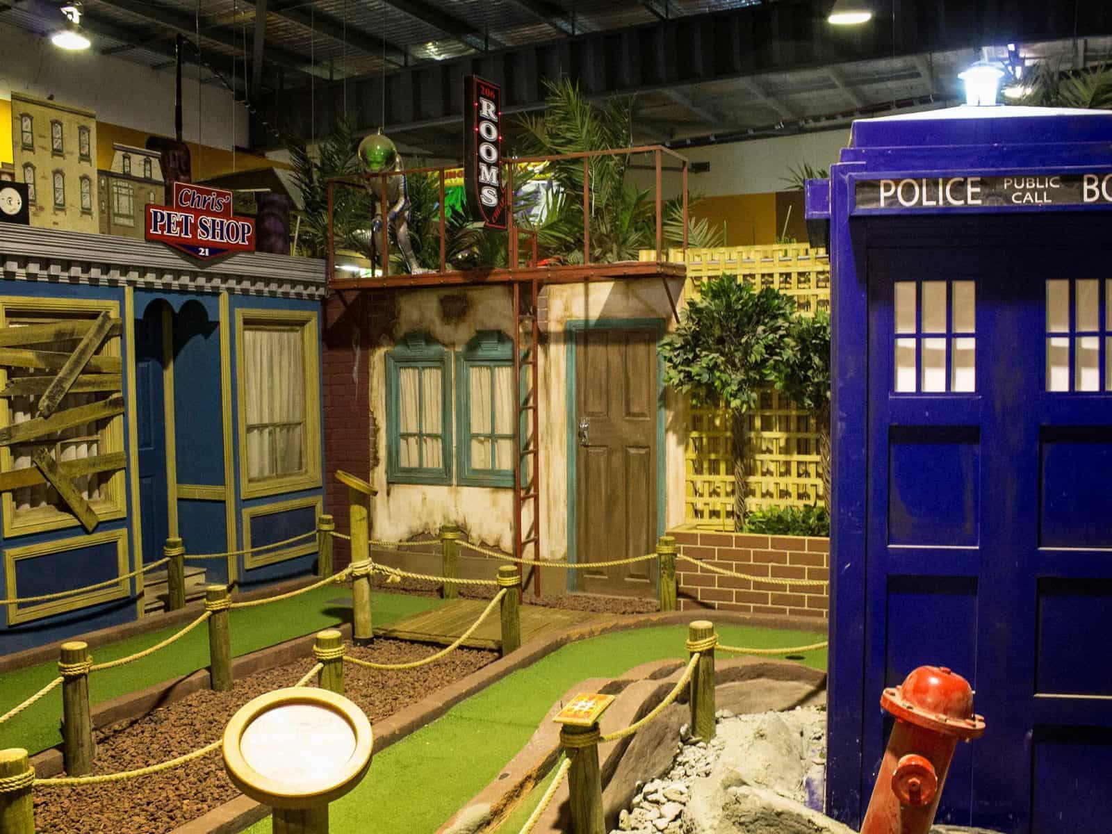 Mini golf course with Tardis in view
