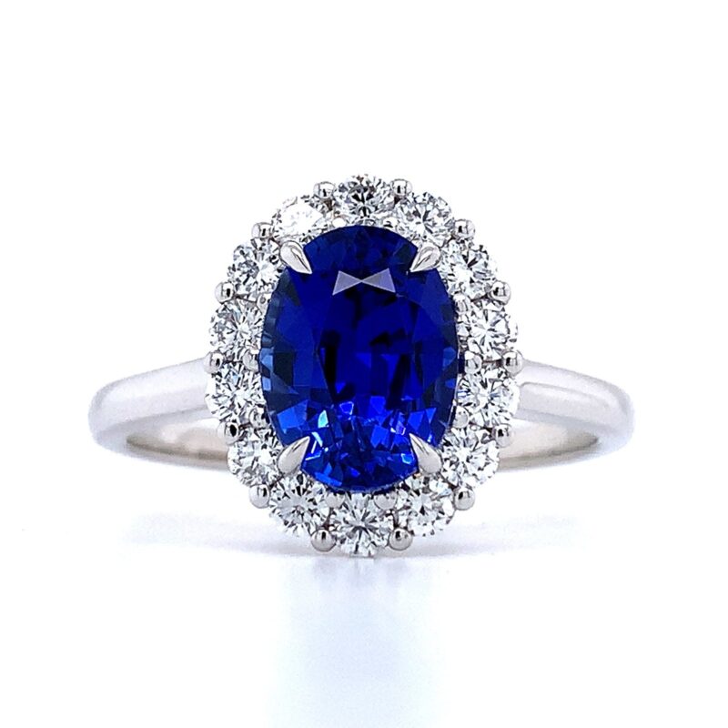 oval halo blue sapphire ring