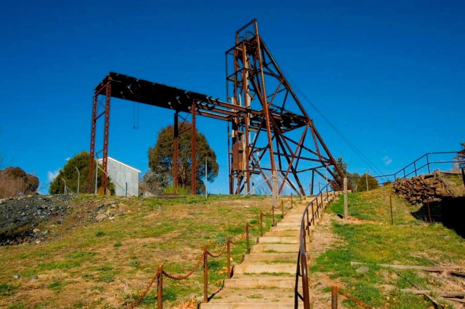 Steps leading up to metal structure above mineshaft