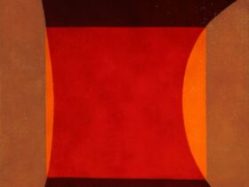 A geometric painting with overlapping shapes in red and brown.