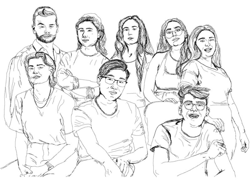 A sketched image of eight young artists standing together and smiling.