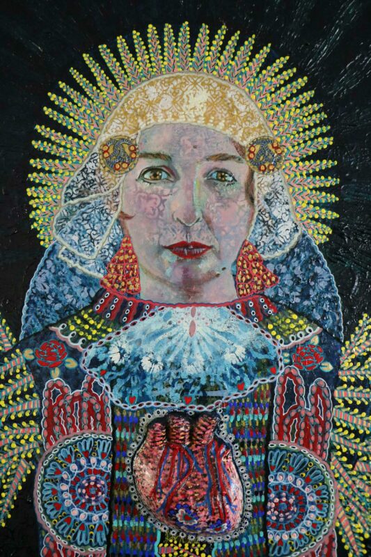Colourful portrait of a woman with intricate details, ainted with a mythological appearance