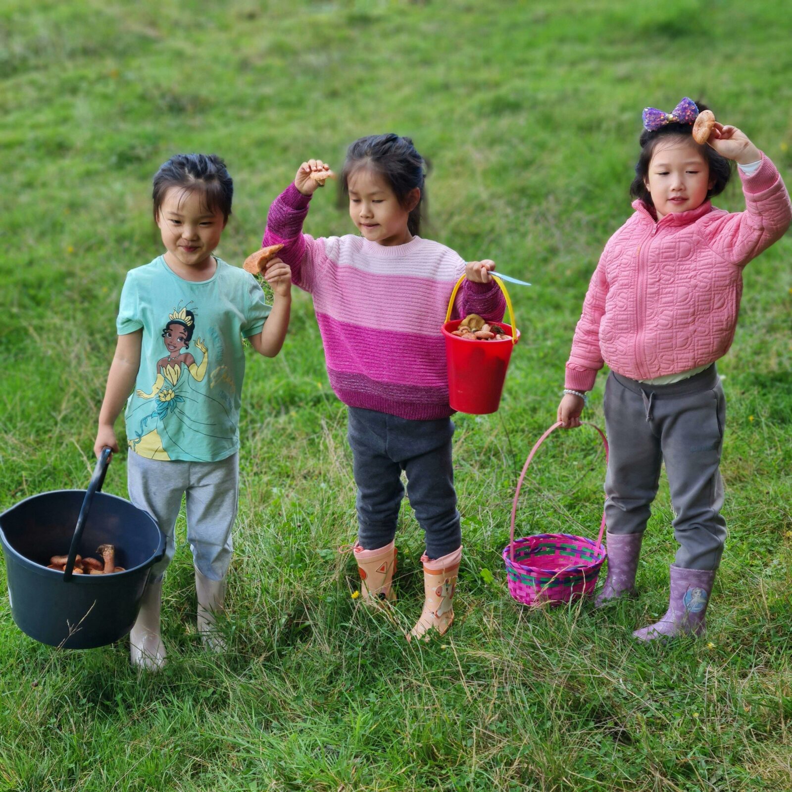 Three children standing on grass with baskets of wild mushorooms