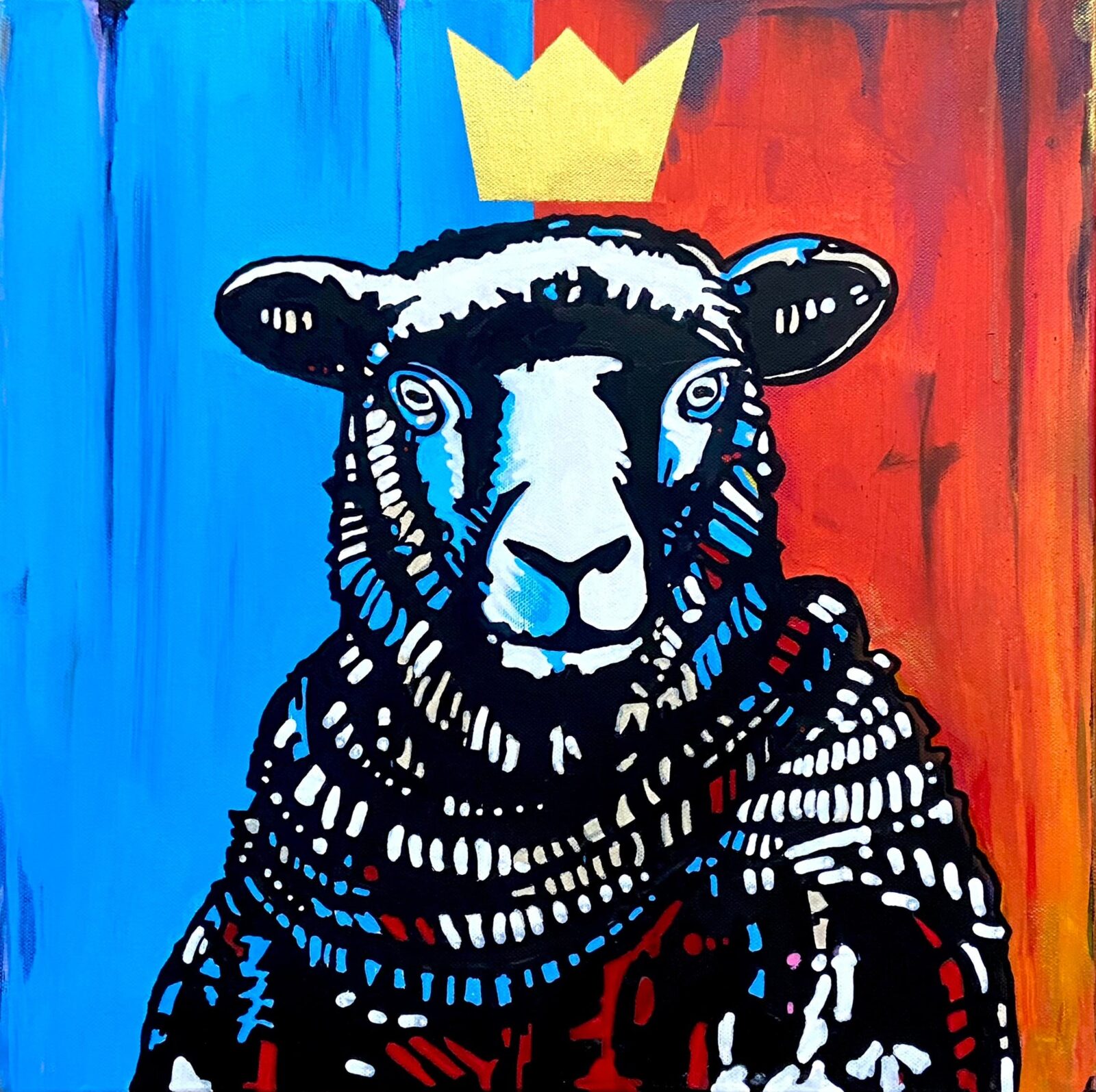 painting of a merino sheep wearing a gold crown against a blue and red background