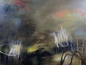 Haunting painting by Vyv Wilson in blues and greys with floating gestural markings.