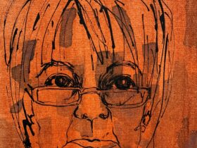 a portrait of a person is sketched in ink over an orange and maroon background