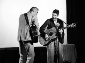 Deborah Conway and Willy Zygier performing on stage with guitar
