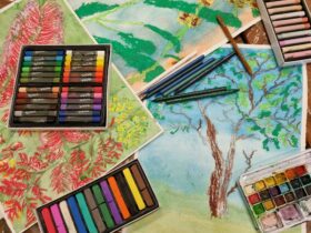 colourful drawings of trees and flowers with pencils and oil pastels