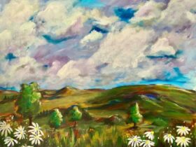 A painting of a hillside landscape featuring a cloudy sky, trees and white flowers