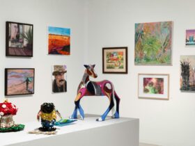 Image of various artworks in Friends exhibition, including paintings, sculptures and ceramics.