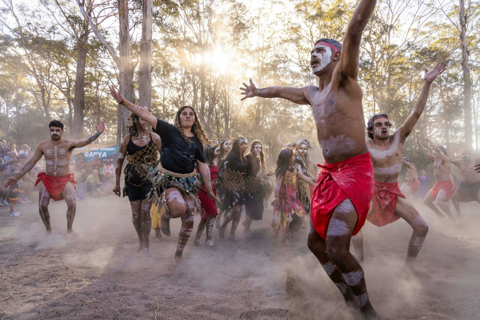 Aboriginal dancers dancing in the dust at Giiyong Festival