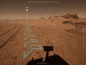 Video Game generated desert landscape - robot camera casting a shadow with direction arrows