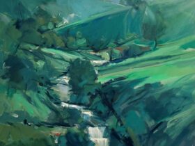 A landscape is painted in sweeping brush strokes of a formation of hills in greens and blues.