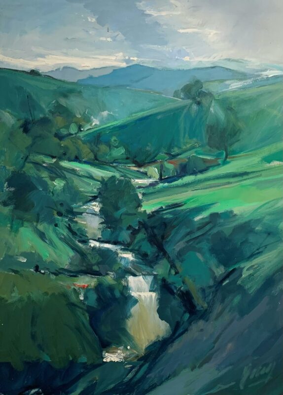 A landscape is painted in sweeping brush strokes of a formation of hills in greens and blues.