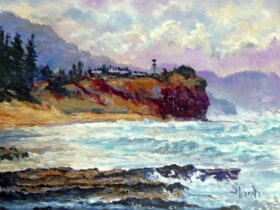 The Restless Sea ,a beach painting by Fred Marsh of Sharkies Beach in the Illawarra region