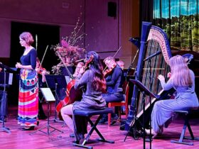 Four musicians perform, Harp, Soprano Cello and Viola