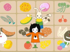 A cartoon image of child and rabbit dancing, against a backdrop of various food ingredients