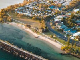 An aerial photo of Ballina including Shaws bay and a section of the rock wall
