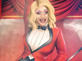 Painted image of a drag performer in a red tuxedo