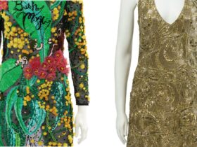 Close ups of two glittering embroidered dresses designed by Collette Dinnigan and Romance was Born.