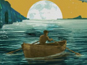 a graphic depiction of a man rowing a boat along a shoreline towards a setting moon