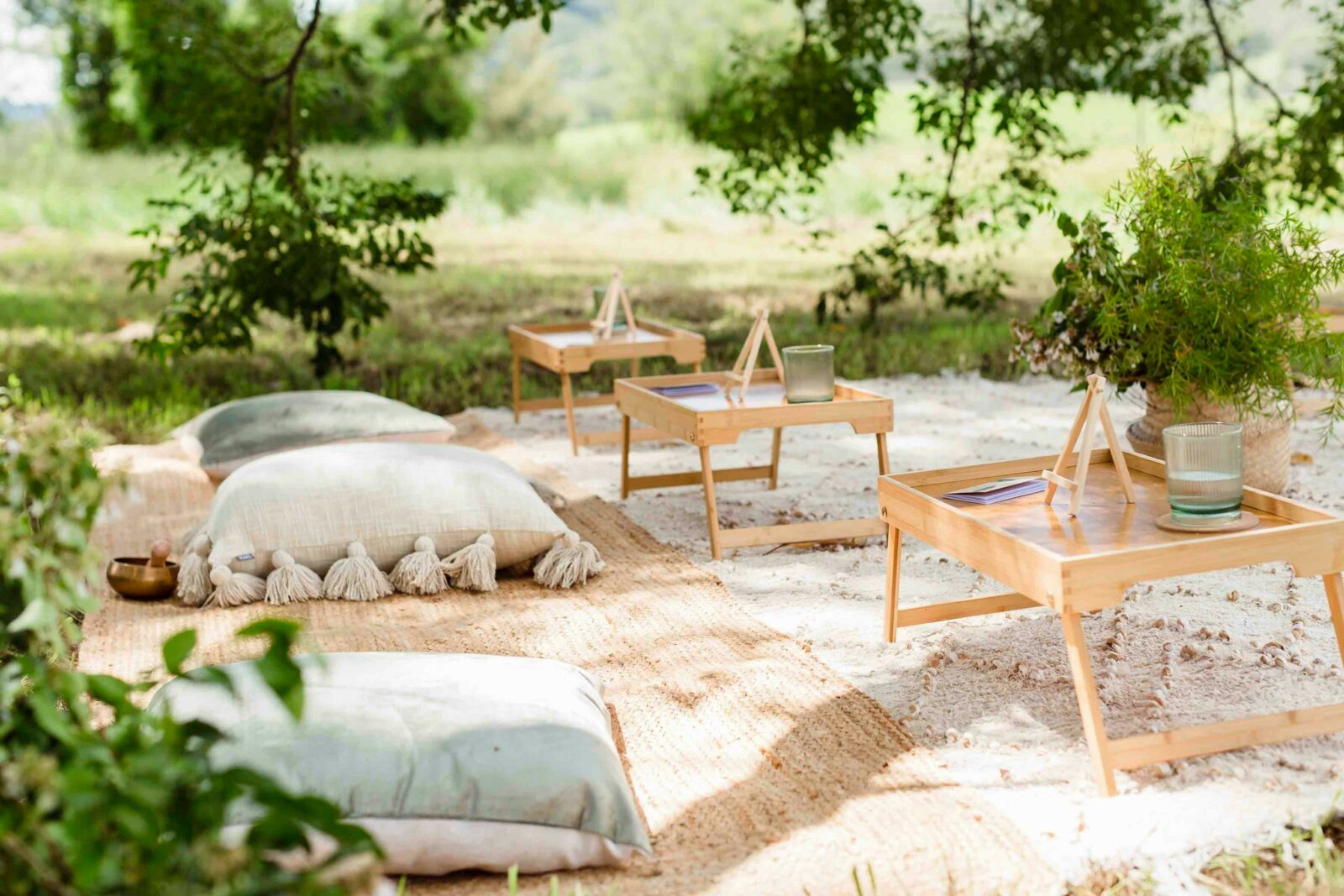 Picnic rugs and cushions with small tables