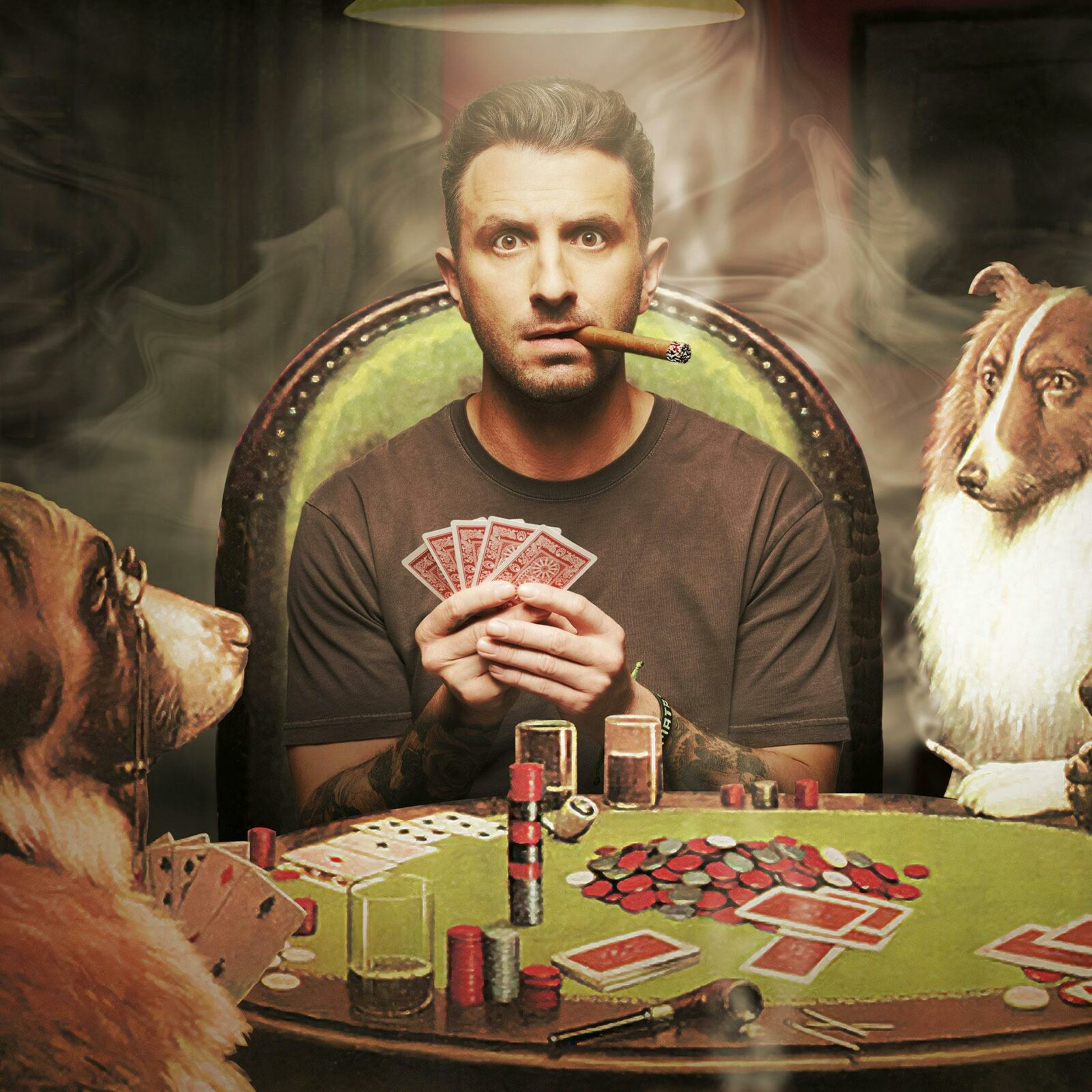 Tommy Little playing poker with dogs