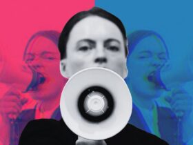 Multi-colour image of a woman with a megaphone shouting in different directions