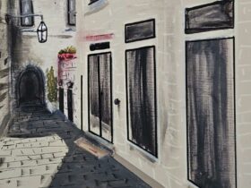 Painting of allyway on a bright day