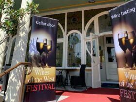 Wines of the west banners at entrance to Carrington Hotel Katoomba