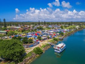 View of Yamba River Markets from above the Clarence River ferry terminal.