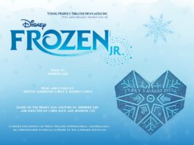 Disney's Frozen JR. Image of show title on blue background with large carved wooden heart in corner
