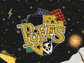 The word puffs on a patchwork shield. A black starry background with a wand in the foreground