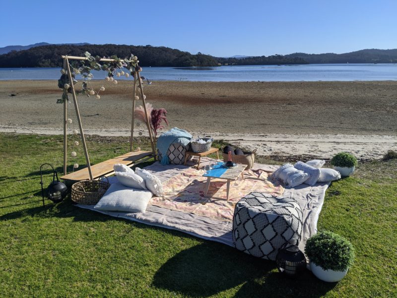 Wagonga Inlet Narooma boho picnic rug with fairy lights