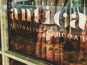 Photo of window with Antica Australis and reflection of Carcoar