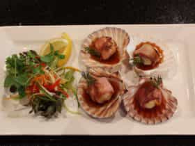 Scallop and Bacon Brochettes with Spiced Plum Sauce