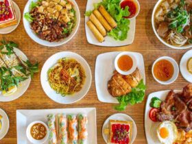 Table full of Vietnamese foods