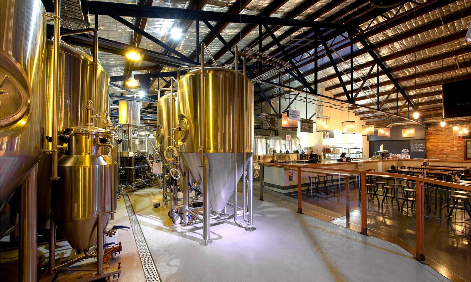 Interior of FogHorn Brewhouse with fermentation tanks in brewery area