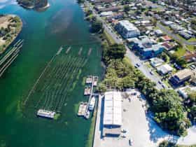 Aerial of oyster leases and shed
