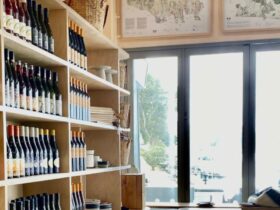 Wine bottles on timber shelves