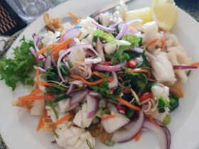 Thai dish with red onions, squid, lemon and mint.