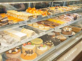 Colourful display of cakes and pastries