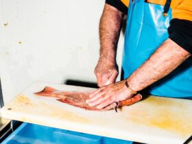Hands filleting fish