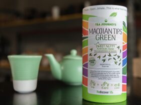 Retail tea packaging and pastel green tea pot