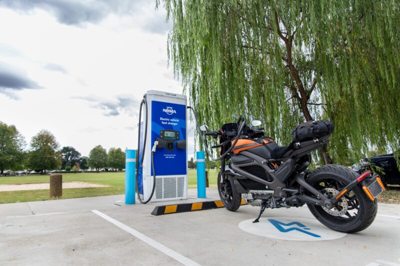 An Electric Harley Davidson Motorcycle charging at the NRMA charging station