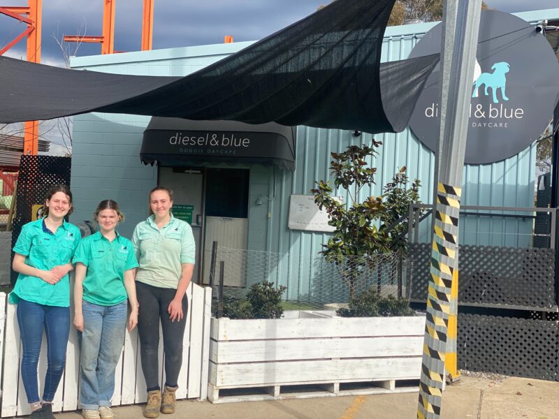 3 staff members standing in front of the business front gates