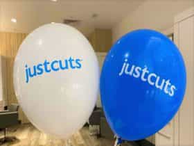 Just Cuts Grafton blue and white balloons