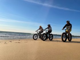 Three friends riding on the sand on fat-tyre bikes.