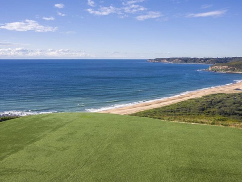 View of the lawn at Hickson Street lookout, with beach, bushland and ocean in the background.
